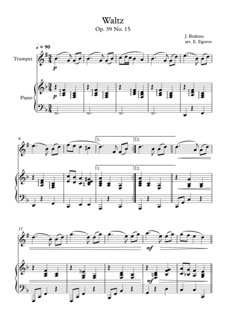 Waltz Op 39 No 15 Johannes Brahms For Trumpet Piano Sheet Music