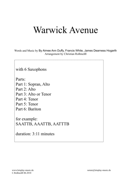 Warwick Avenue With 6 Saxophones Sheet Music