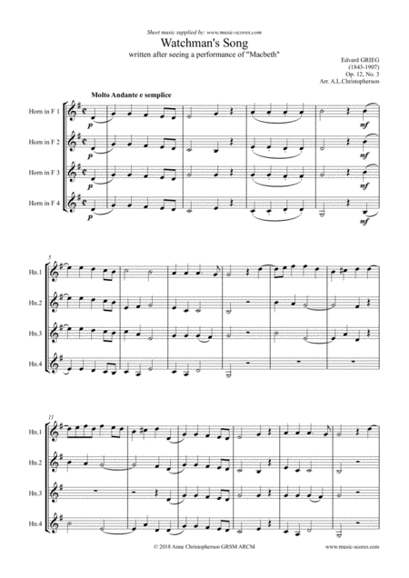 Watchmans Song Op 12 No 3 4 French Horns Sheet Music