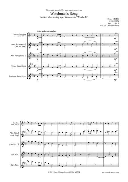 Free Sheet Music Watchmans Song Op 12 No 3 Sax Quartet