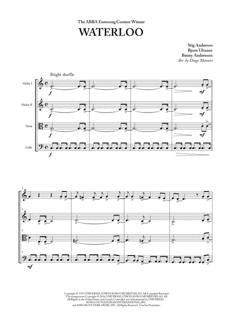 Free Sheet Music Waterloo By Abba For String Quartet