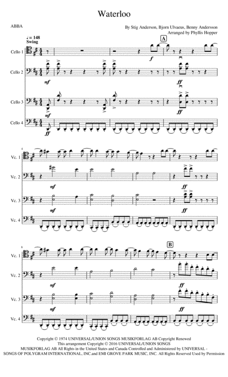 Free Sheet Music Waterloo Cello Quartet