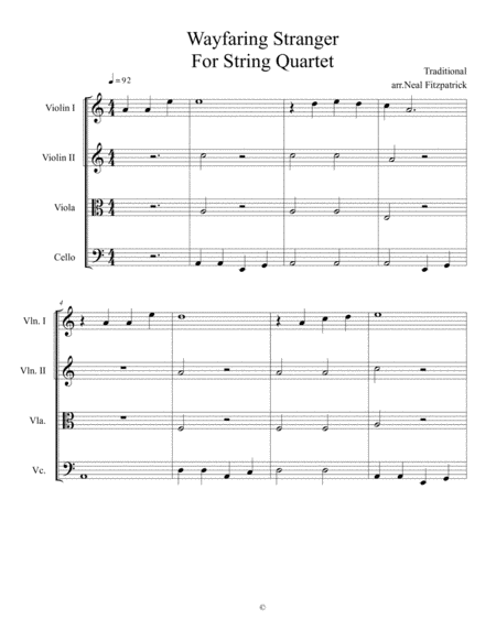 Wayfaring Stranger For String Quartet Sheet Music