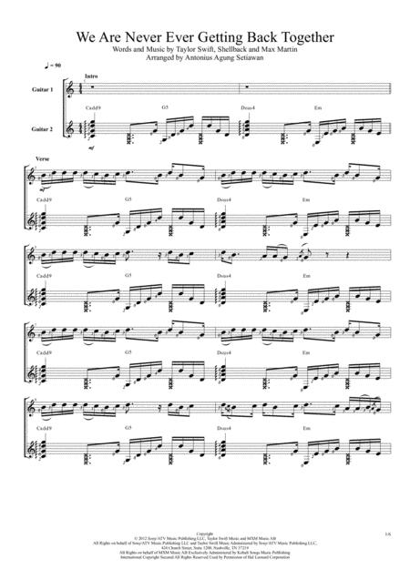 Free Sheet Music We Are Never Ever Getting Back Together Duet Guitar Score