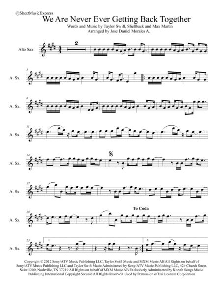 Free Sheet Music We Are Never Ever Getting Back Together For Alto Sax