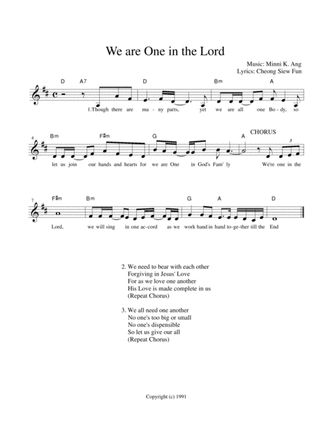 Free Sheet Music We Are One In The Lord