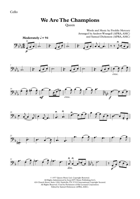 We Are The Champions Cello Solo Sheet Music