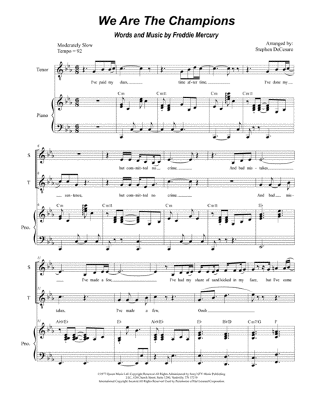 We Are The Champions Duet For Soprano And Tenor Solo Sheet Music