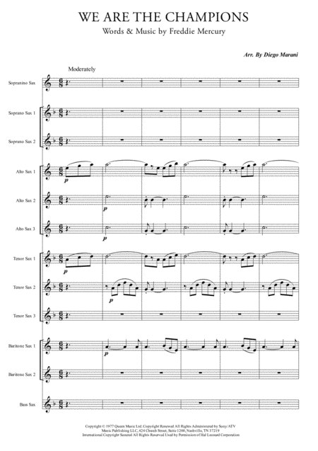 Free Sheet Music We Are The Champions For Saxophone Ensemble