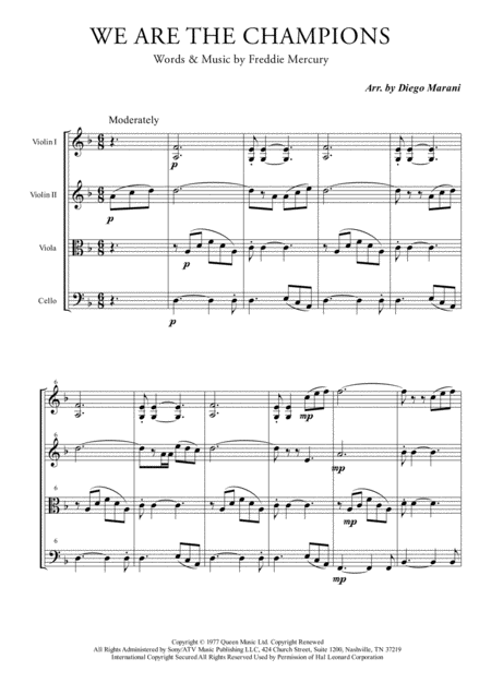 Free Sheet Music We Are The Champions For String Quartet