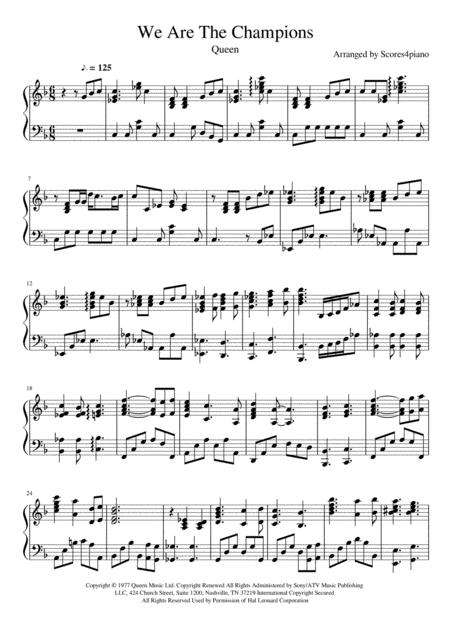 Free Sheet Music We Are The Champions Piano Cover Queen