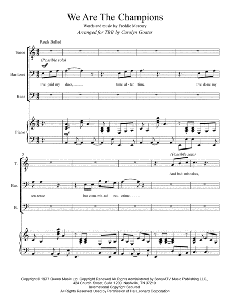 Free Sheet Music We Are The Champions Queen For Tbb Choir Piano