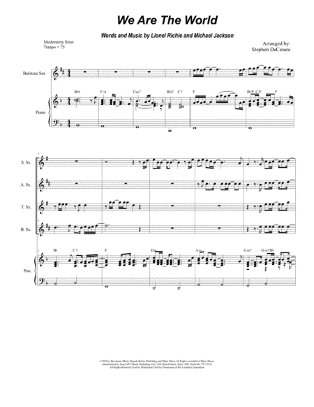 Free Sheet Music We Are The World For Saxophone Quartet And Piano