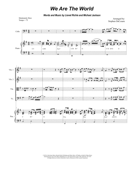 We Are The World For String Quartet And Piano Sheet Music