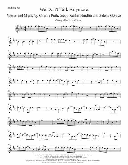 We Dont Talk Anymore Bari Sax Sheet Music