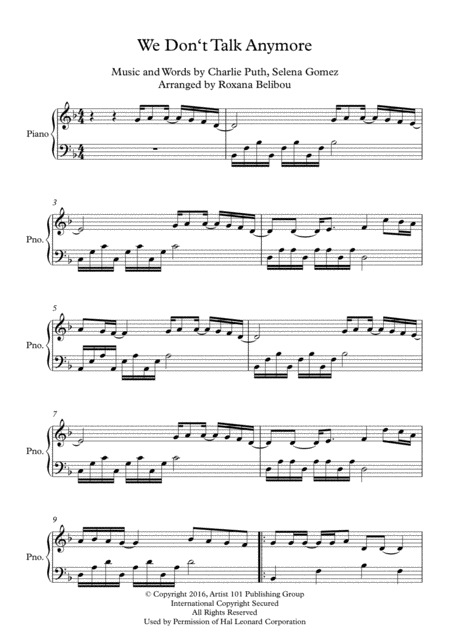 We Dont Talk Anymore D Minor By Charlie Puth Feat Selena Gomez Piano Sheet Music