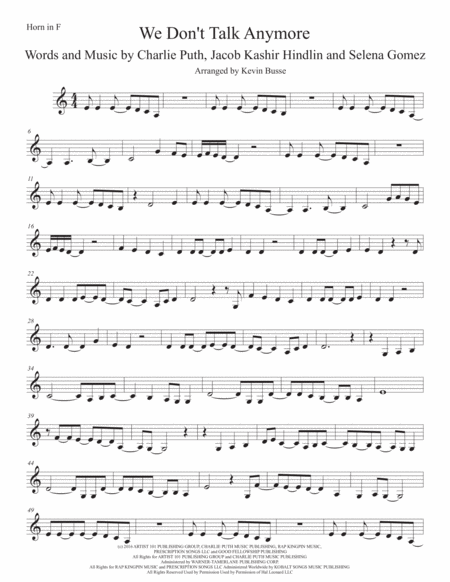 We Dont Talk Anymore Horn In F Sheet Music