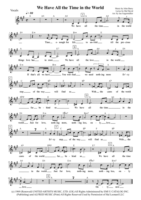 Free Sheet Music We Have All The Time In The World Vocal W Chords Transcription Of Original Recording By Louis Armstrong