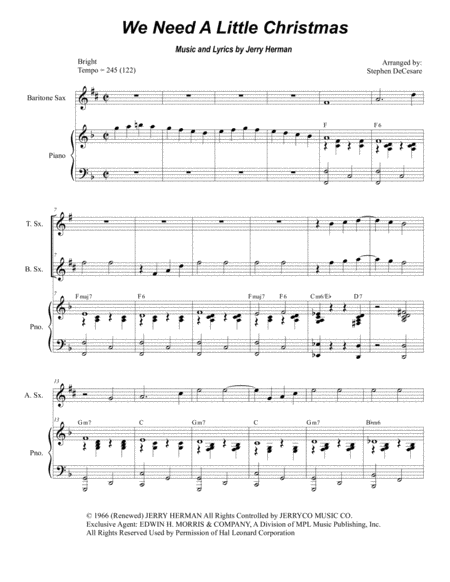 Free Sheet Music We Need A Little Christmas For Saxophone Quartet