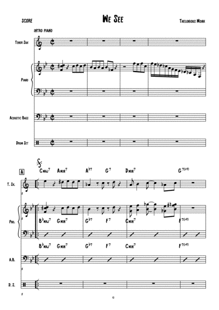 Free Sheet Music We Seet Monk Score And Individual Parts Tenor Sax Piano Bass