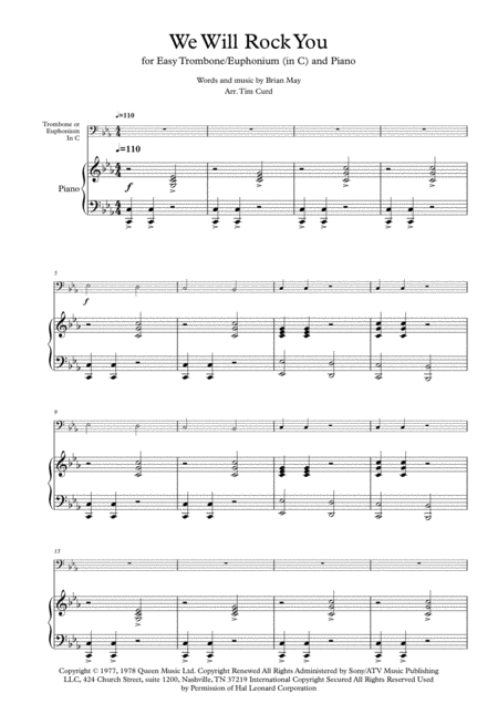 We Will Rock You For Easy Solo Trombone Euphonium Bass Clef In C And Piano Sheet Music