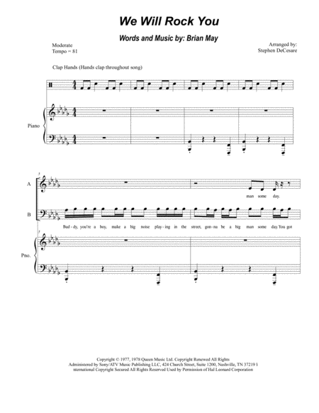 Free Sheet Music We Will Rock You For Sab