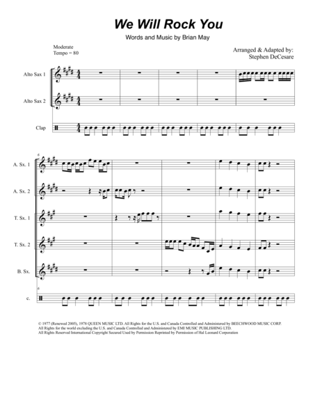 Free Sheet Music We Will Rock You For Saxophone Quintet