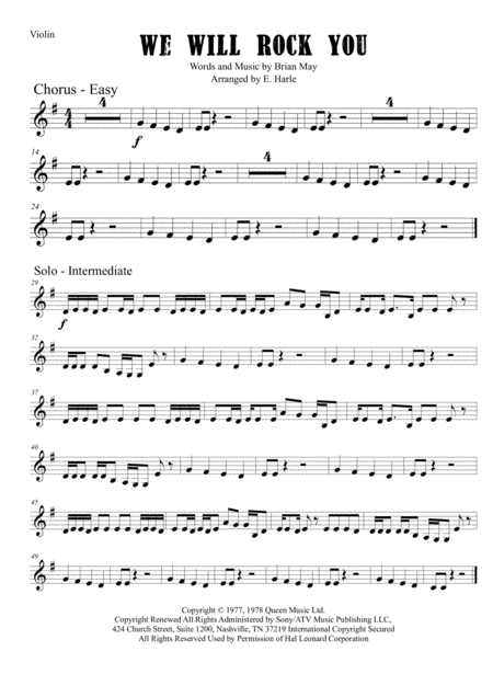 Free Sheet Music We Will Rock You Solo Violin Or Violin Duet