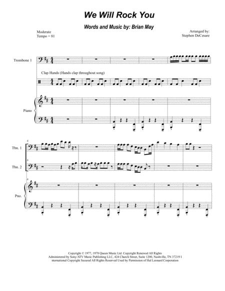 Free Sheet Music We Will Rock You Trombone Duet