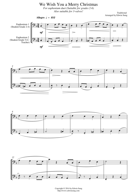 Free Sheet Music We Wish You A Merry Christmas For Euphonium Duet Bass Clef 3 Or 4 Valved Suitable For Grades 2 6
