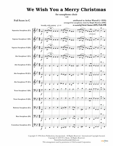 We Wish You A Merry Christmas For Saxophone Choir Full Score Set Of Parts Sheet Music