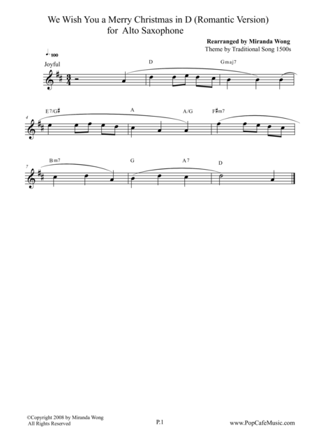 We Wish You A Merry Christmas In D Key Alto Saxophone Sheet Music