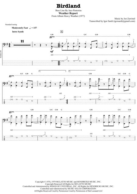 Free Sheet Music Weather Report Jaco Pastorius Birdland Complete And Accurate Bass Transcription Whit Tab