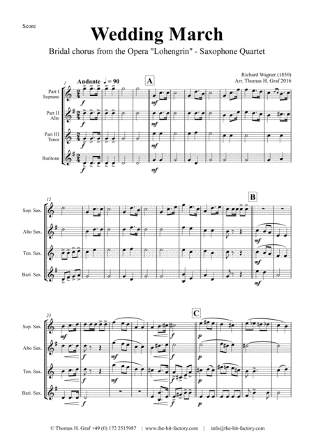 Free Sheet Music Wedding March Bridal Chorus Lohengrin Saxophone Quartet