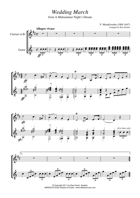 Free Sheet Music Wedding March For Clarinet In Bb And Guitar
