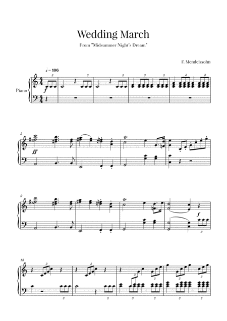 Wedding March For Piano Mendelssohn Sheet Music