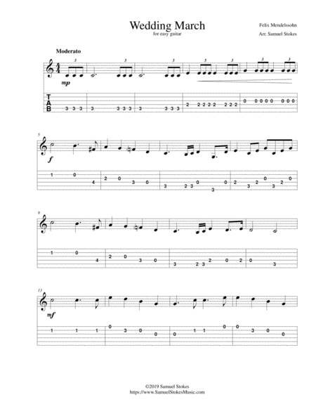 Wedding March Mendelssohn For Easy Guitar With Tab Sheet Music