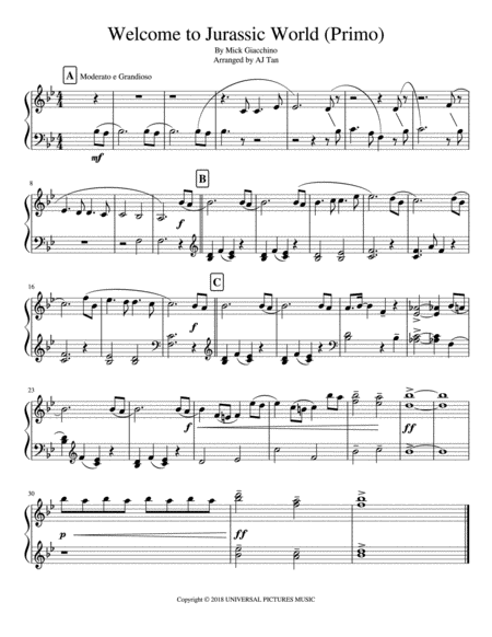 Welcome To Jurassic World Easy Piano Duet Sheet Music