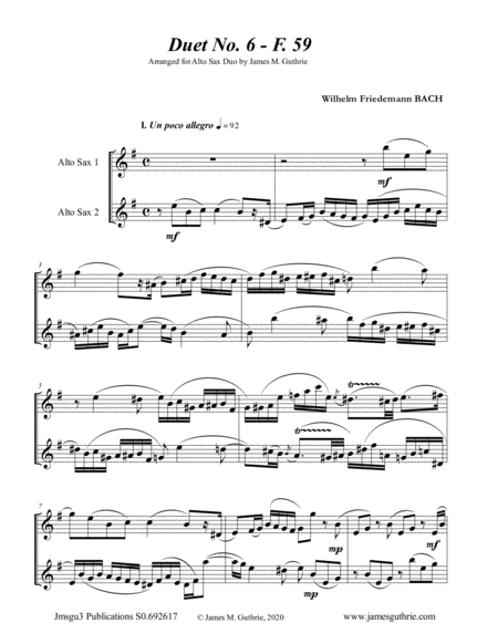 Free Sheet Music Wf Bach Duet No 6 For Alto Sax Duo