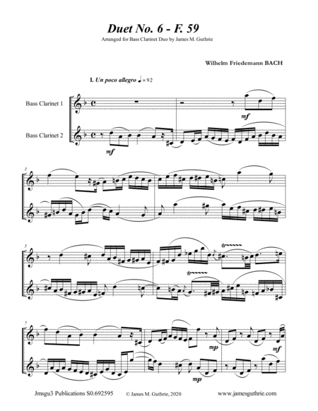 Free Sheet Music Wf Bach Duet No 6 For Bass Clarinet Duo