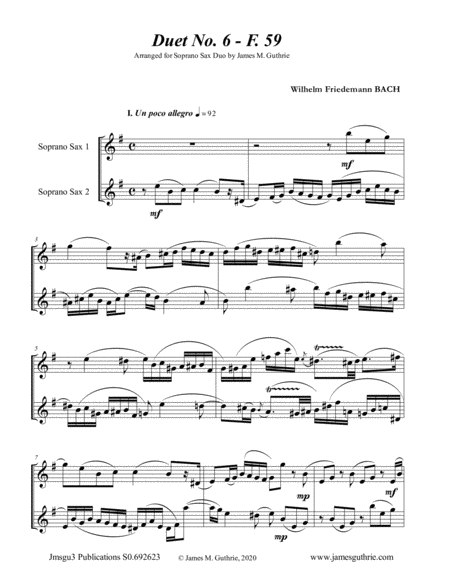 Free Sheet Music Wf Bach Duet No 6 For Soprano Sax Duo