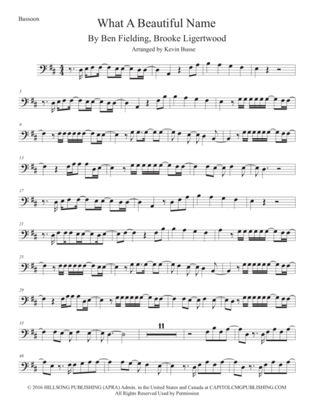 Free Sheet Music What A Beautiful Name Bassoon Original Key
