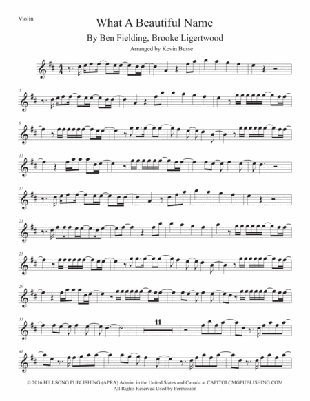 Free Sheet Music What A Beautiful Name Violin Original Key
