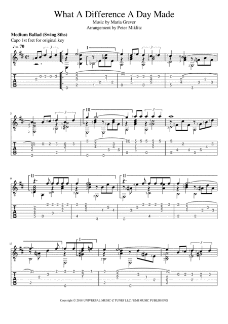 What A Difference A Day Made Standard Notation And Tab Sheet Music