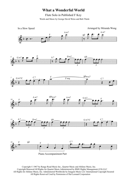 What A Wonderful World Flute Or Oboe Solo In Published F Key With Chords Sheet Music