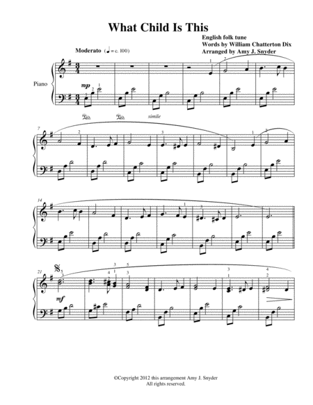 Free Sheet Music What Child Is This Early Intermediate Piano Solo