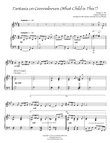 Free Sheet Music What Child Is This Fantasia On Greensleeves For Clarinet And Piano