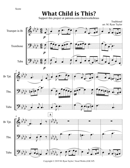 Free Sheet Music What Child Is This For Brass Trio Trumpet Trombone Tuba