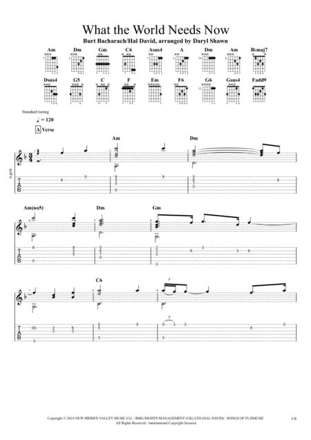 Free Sheet Music What The World Needs Now Burt Bacharach For Solo Fingerstyle Guitar