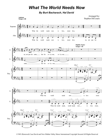 What The World Needs Now Is Love Duet For Soprano Alto Solo Sheet Music